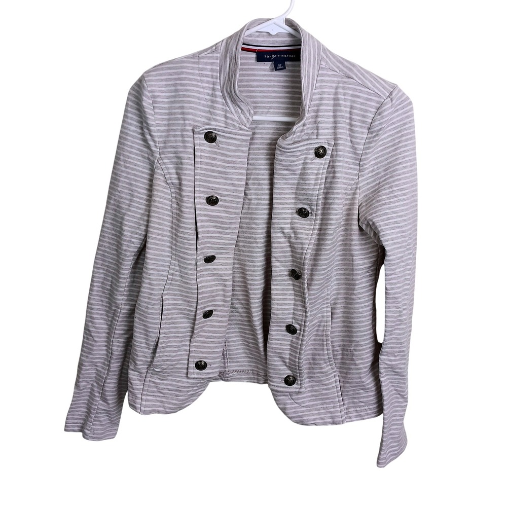Tommy Hilfiger Military Blazer Women Small Gray White Excellent Striped Knit